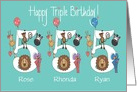 Birthday 5 Year Triplets, 2 Girls & 1 Boy with Custom Names card