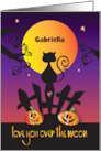 Halloween Black Cat Silhouette on Fence Full Moon and Custom Name card