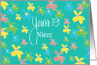 19th Birthday for Niece, Bright Flowers on Teal with Hand Lettering card