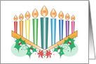 Hanukkah with Colorful Candles in Menorah with Winter Accents card