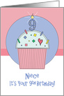 9th Birthday for Niece, Sprinkle Covered Cupcake with 9 Candle card