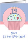 12th Birthday for Niece, Sprinkle Covered Cupcake with 12 Candle card