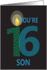 16th Birthday Son, Striped & Polka Dot Numbers with Candle card