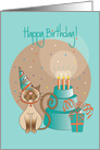 Birthday Wishes with Cat , Cat Dish Cake & Polka Dot Party Hat card