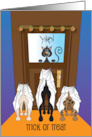 Halloween Trio of Trick or Treating Dogs and Black Cat at Door Window card