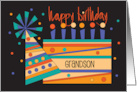 Hand Lettered Birthday for Grandson Bright Birthday Cake and Party Hat card