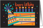 Hand Lettered Birthday for Great Nephew Birthday Cake and Party Hat card