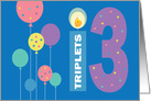 Triplet Birthday for 13 Years Old, with Balloons, Candle & Numbers card