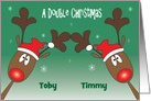 1st Christmas Twin Great Grandsons, Custom Names & Reindeer card