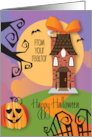 Halloween from Realtor with Tall Home, Bow, Fence, and Pumpkin card