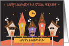 Halloween to Neighbor, Bird houses with bats, hearts & sign card
