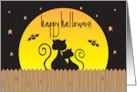 Hand Lettered Halloween Flying Black Kitty on Broom with Black Bats card