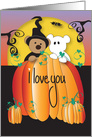 Halloween two bears in huge pumpkin, witch & goblin costumes card