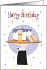 Birthday for Waiter, Hand in Black Suit Holding Tray with Cake card