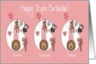 Birthday 6 year old girl Triplets, Custom Names & Zoo Animals card