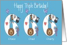 Birthday 6 year old boy Triplets, Custom Names & Zoo Animals card