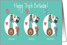 Birthday 6 year old Triplets, 2 Girls & 1 Boy with Custom Names card