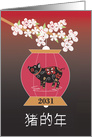 Happy Year of the Pig in Chinese Characters & Pig in Red Lantern card