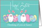 Thinking of you at Easter, Row of Colored Eggs and White Bunnies card