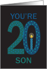 20th Birthday for Son, Large Decorated Numbers with Candle card