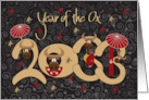 Chinese New Year of the Ox 2033, Large Date with Oxen & Umbrellas card