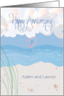 Hand Lettered First Anniversary with Beach Scene and Custom Names card