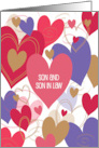 Valentine Son and Son in Law Bright Colored Pink and Lavender Hearts card