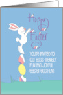 Hand Lettered Invitation to Easter Egg Hunt with Bunny on Stacked Eggs card