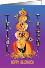 Halloween Trick or Treat Stacked Jack O’ Lanterns Candy and Black Cats card