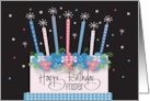 Hand Lettered Floral Birthday Cake with Decorated Candles for Frister card