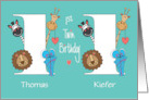First Birthday for Boy Twins with Zoo Animals and Custom Names card
