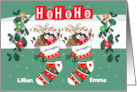 Christmas for Twin Granddaughters Stockings with Dolls and Hearts card