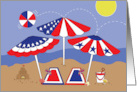 Fourth of July Beach Trio of Patriotic Umbrellas Beach Ball and Towels card