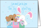 New Baby Boy for Son and Son in Law Joy of Boy with Toy Bear and Bunny card