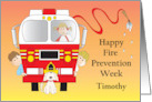 Fire Prevention Week Fire Truck Children and Dog with Custom Name card