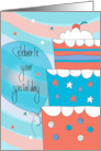 Hand Lettered Birthday Decorated Stacked Cake and Balloon with Stars card