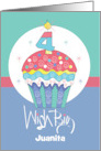 Birthday Cupcake 4 Year Old with Number Four Candle Custom Name card