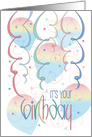 Hand Lettered Birthday Card, Curling Colorful Streamers & Confetti card