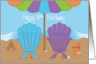 Hand Lettered Birthday 70 Year Old Beach Chairs and Bright Umbrella card