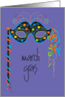 Mardi Gras Time with Decorated Polka Dot Mask & Colorful Ribbons card