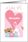 Hand Lettered Baby Girl Congratulations Bear and Bunny Custom Name card