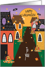 Halloween Street with Decorated Houses, Leaves & Pumpkins card