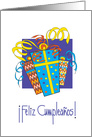 Feliz Cumpleaos! in Spanish, with colorful patterned wrapped gifts card