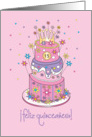 Feliz Quinceaera con pastel, flores y diadema card