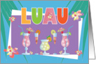 Bright Colored Luau Party Invitation with Tropical Drinks and Flowers card