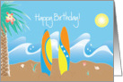 Happy Birthday for Surfer with beach, surfboards & waves card