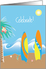 Congratulations for Surfing Event with beach, surfboards & waves card