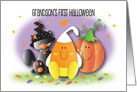 1st Halloween for Grandson, Black Kitty, Candy Corn and Pumpkin card