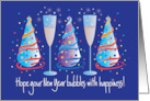 Hand Lettered New Year’s Card 2026 Party Hats and Champagne Glasses card