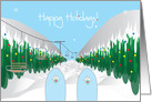 Hand Lettered Christmas Skiing with skiis and tree lined slope card